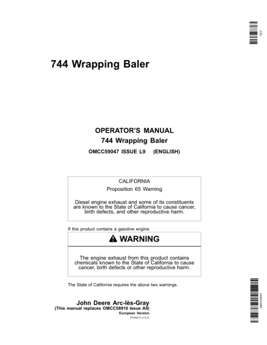 John Deere 744 Wrapping Baler Operator’s Manual (OMCC59047) Workshop Guide