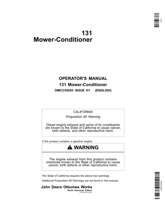 John Deere 131 Mower Conditioner Operator’s Manual (OMCC59203) Workshop Guide