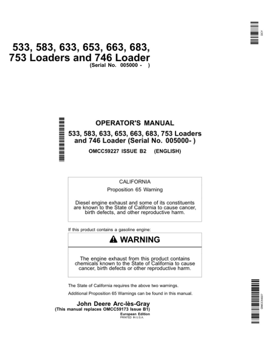 John Deere 533, 583, 633, 653, 663, 683, 753, 746 Loaders Operator’s Manual (OMCC59227) Workshop Guide
