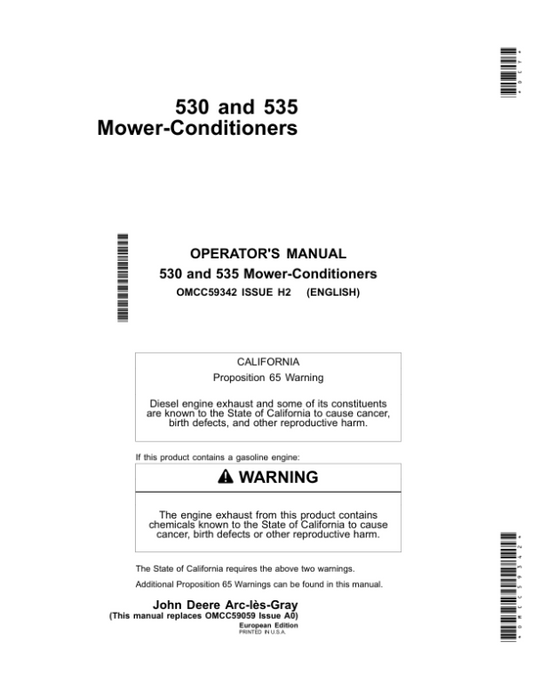 John Deere 530 & 535 Mower Conditioners Operator’s Manual (OMCC59342) Workshop Guide