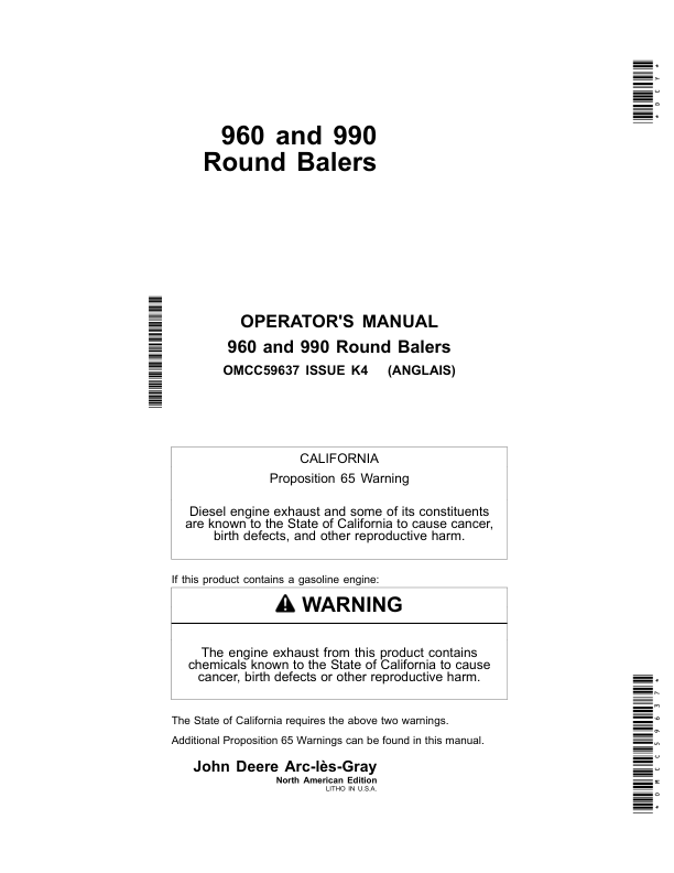 John Deere 960, 990 Round Balers Operator’s Manual (OMCC59637) Workshop Guide