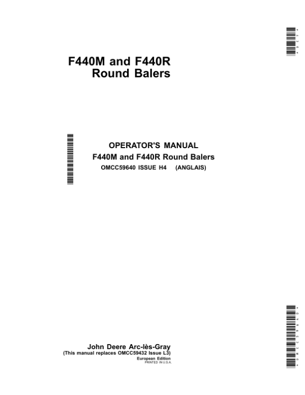 John Deere F440M, F440R Round Balers Operator’s Manual (OMCC59640) Workshop Guide