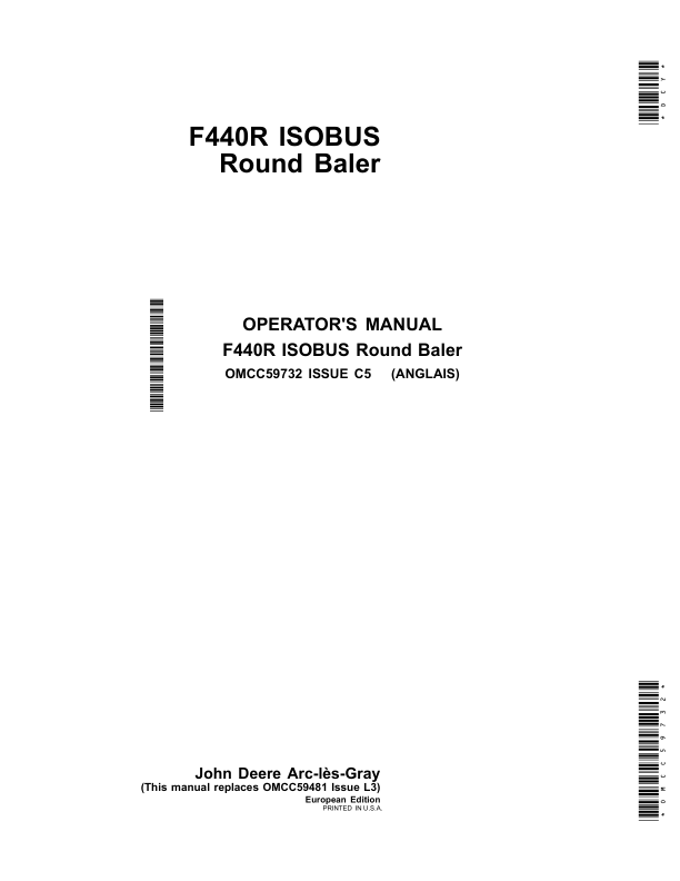 John Deere F440R ISOBUS Round Balers European Edition Operator’s Manual (OMCC59732) Workshop Guide