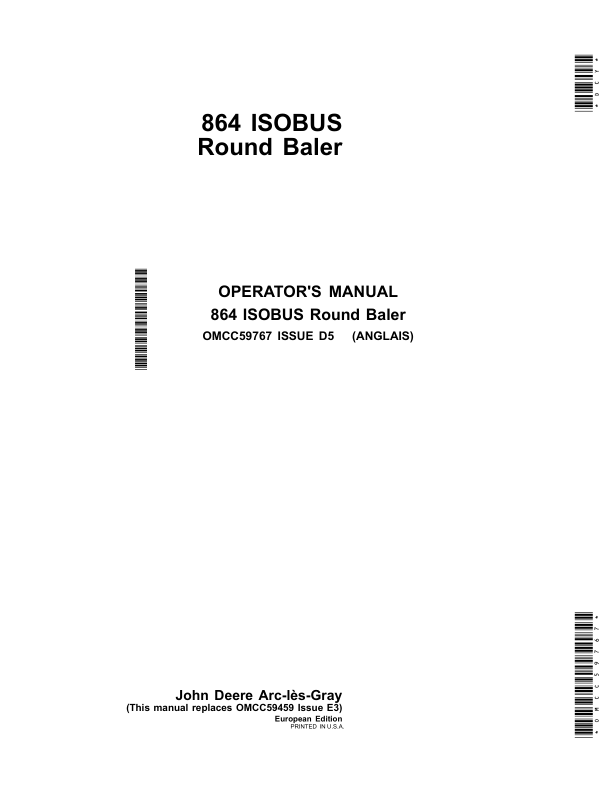 John Deere 864 ISOBUS Round Baler Operator’s Manual (OMCC59767) Workshop Guide