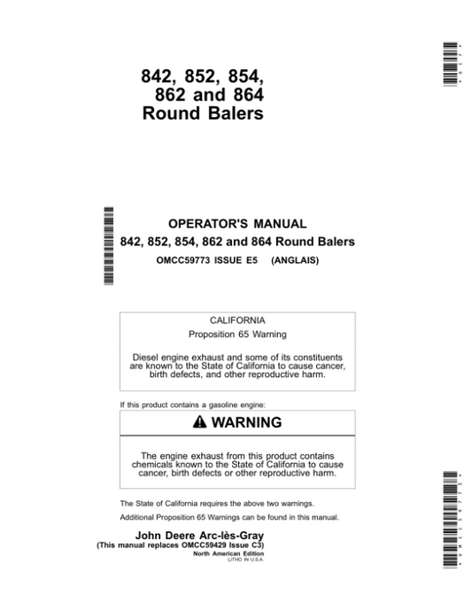John Deere 842, 852, 854, 862 & 864 Round Balers North America Operator’s Manual (OMCC59773) Workshop Guide