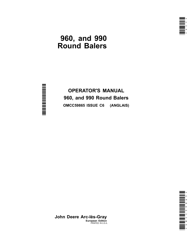 John Deere 960 & 990 Round Balers Operator’s Manual (OMCC59865) Workshop Guide
