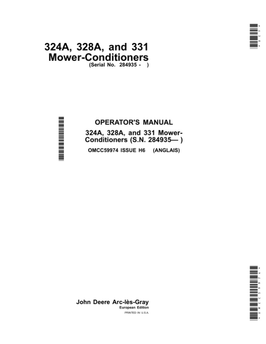 John Deere 324A, 328A & 331 Mower-Conditioners (Worldwide Edition) Operator’s Manual (OMCC59974) Workshop Guide