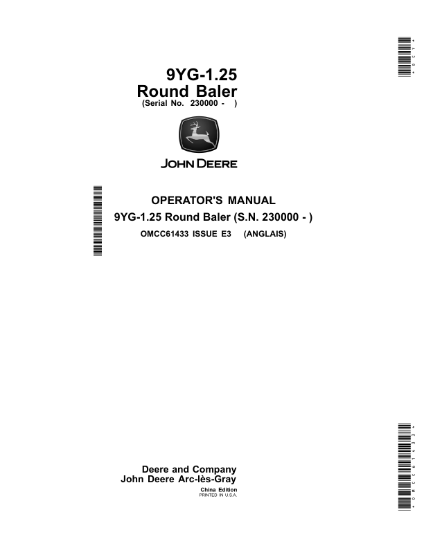 John Deere 9YG-1.25 Round Baler (China Edition) (230000-) Operator’s Manual (OMCC61433) Workshop Guide