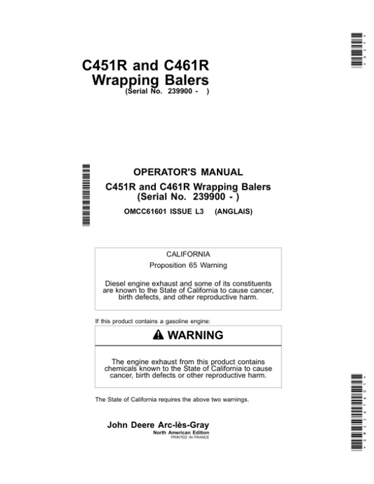 John Deere C451R, C461R Wrapping Balers (239900-) (North American) Operator’s Manual (OMCC61601) Workshop Guide