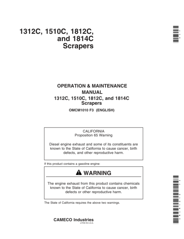 John Deere 1312C, 1510C (-001222), 1812C (-001809), 1814C (-001161) Carry- All Scrapers Operator’s Manual (OMCM1010) Workshop Guide