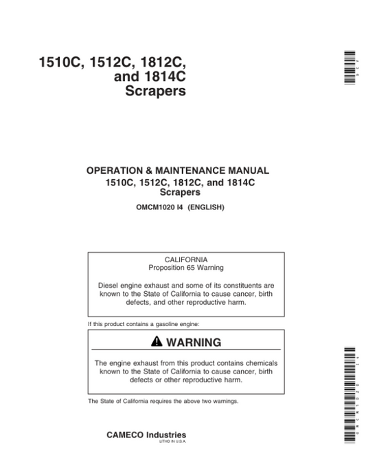 John Deere 1510C (001223-), 1512C (001000-), 1812C (001810-), 1814C (001162-) Carry-All Scrapers Operator’s Manual (OMCM1020) Workshop Guide