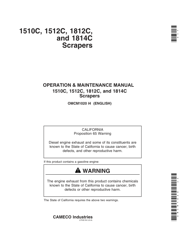 John Deere 1510C (001223-), 1512C (001000-), 1812C (001810-), 1814C (001162-) Carry-All Scrapers Operator’s Manual (OMCM1020) Workshop Guide