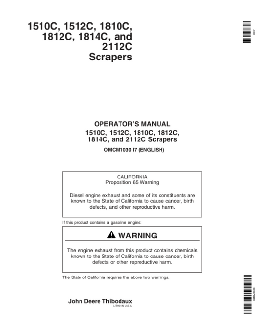John Deere 1510C, 1512C, 1810C, 1812C, 1814C, 2112C Scrapers Operator’s Manuals (OMCM1030) Workshop Guide