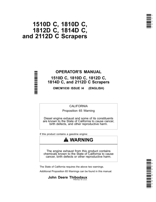 John Deere 1510D C, 1810D, C1812D C, 1814D C & 2112D C Carry All Scrapers North America (00000-15999) Operator’s Manual (OMCM1030) Workshop Guide