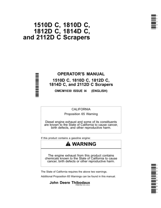 John Deere 1510D C, 1810D, C1812D C, 1814D C & 2112D C Carry All Scrapers North America (00000-15999) Operator’s Manual (OMCM1030) Workshop Guide