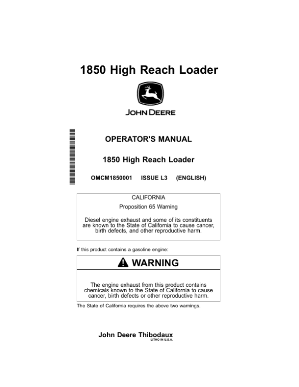 John Deere 1850 High Reach Loader (060236-) Operator’s Manual (OMCM1850001) Workshop Guide