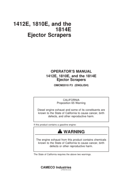 John Deere 1412E, 1810E, 1814E Scrapers Operator’s Manuals (OMCM2010) Workshop Guide