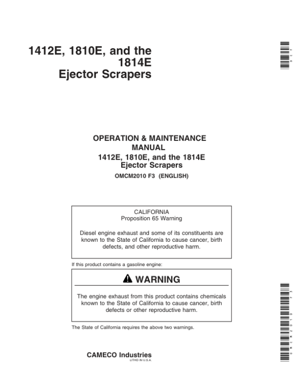 John Deere 1412E, 1810E, 1814E Ejector Scrapers Operator’s Manual (OMCM2010) Workshop Guide