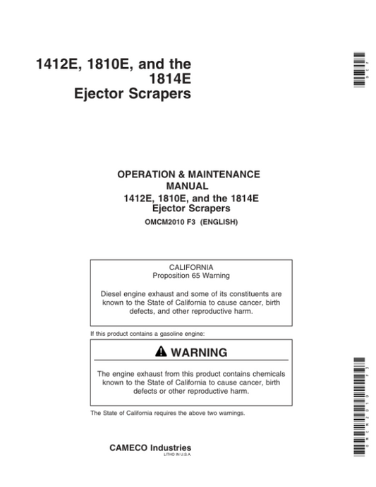 John Deere 1412E, 1810E, 1814E Ejector Scrapers Operator’s Manual (OMCM2010) Workshop Guide