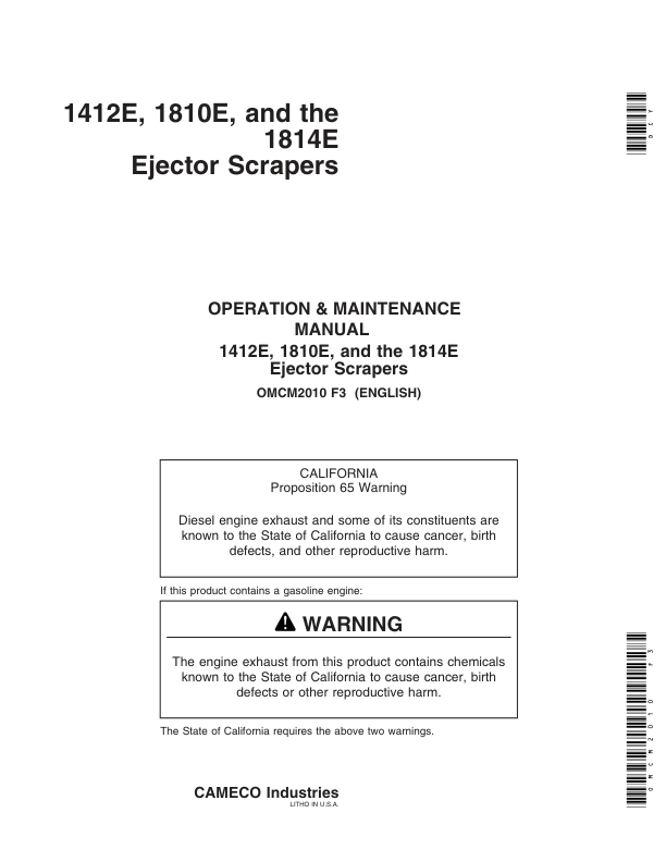 John Deere 1412E, 1810E, 1814E Ejector Scrapers Operator’s Manual (OMCM2010) Workshop Guide