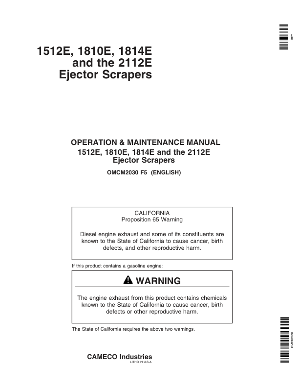 John Deere 1512E, 1810E, 1814E & 2112E Ejector Scrapers North America (000000-060200) Operator’s Manual (OMCM2030) Workshop Guide