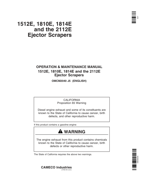 John Deere 1512E, 1810E, 1814E & 2112E Ejector Scrapers North America (060201-069999) Operator’s Manual (OMCM2040) Workshop Guide