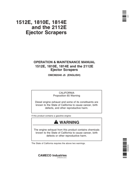 John Deere 1512E, 1810E, 1814E & 2112E Ejector Scrapers North America (060201-069999) Operator’s Manual (OMCM2040) Workshop Guide