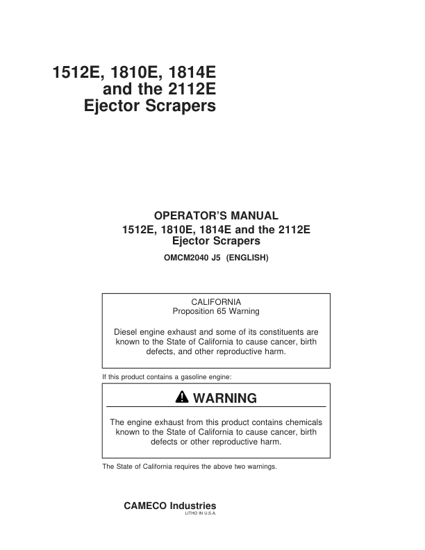 John Deere 1512E, 1810E, 1814E, 2112E Scrapers Operator’s Manuals (OMCM2040) Workshop Guide
