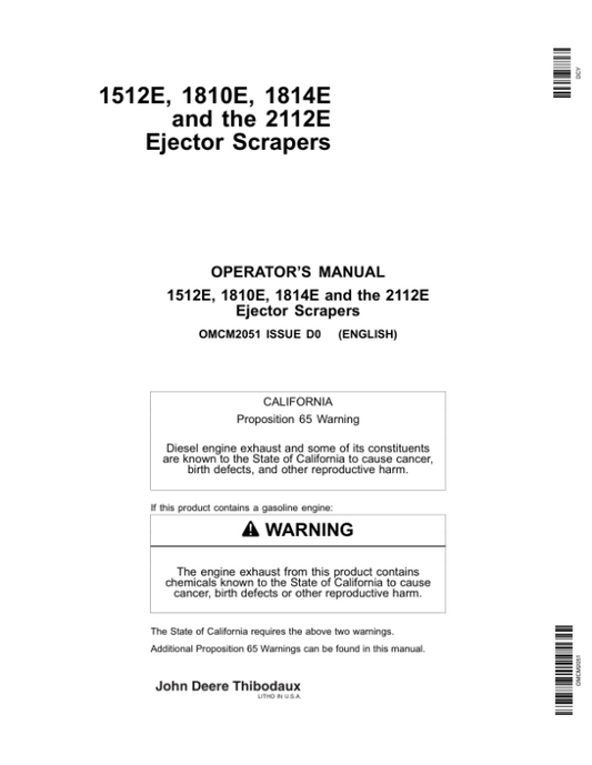 John Deere 1512E, 1810E, 1814E & 2112E Ejector Scrapers North America (070000-079999) Operator’s Manual (OMCM2051) Workshop Guide