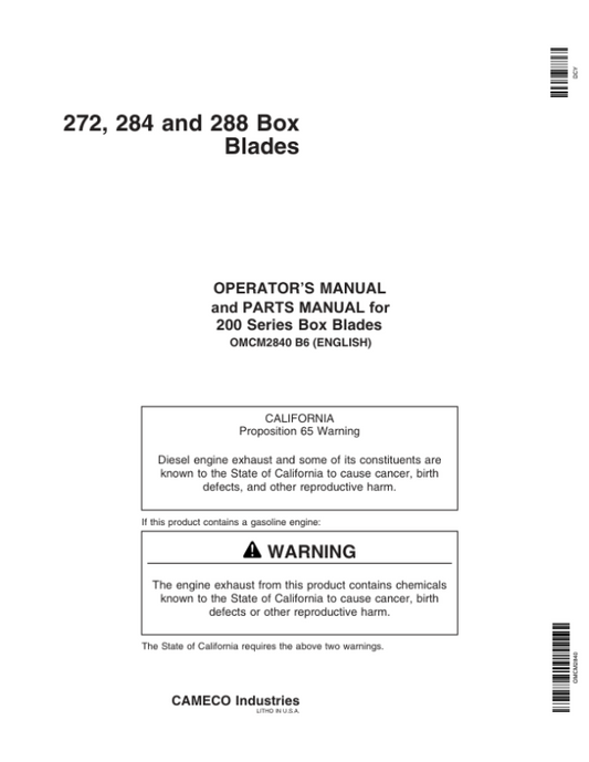 John Deere 272, 284, 288 Box Blades Operator’s Manuals (OMCM2840) Workshop Guide