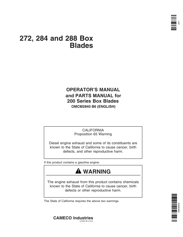 John Deere 272, 284, 288 Box Blades Operator’s Manuals (OMCM2840) Workshop Guide