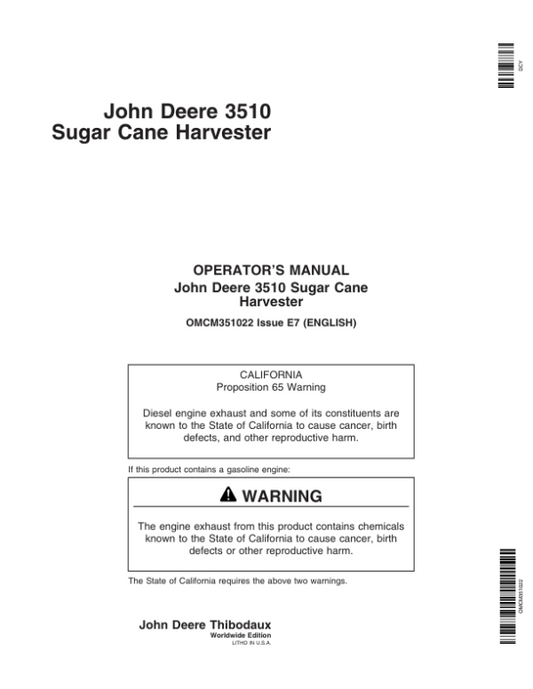 John Deere 3510 Sugar Cane Harvester (070301-) Operator’s Manual (OMCM351022) Workshop Guide