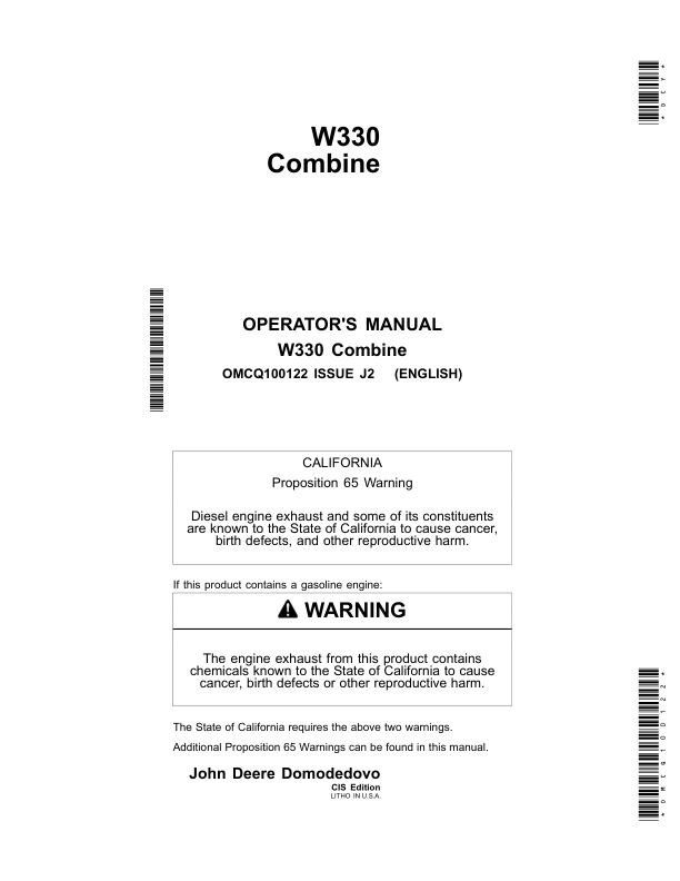 John Deere W330 Combine Commonwealth of Independent States Operator’s Manual (OMCQ100122) Workshop Guide