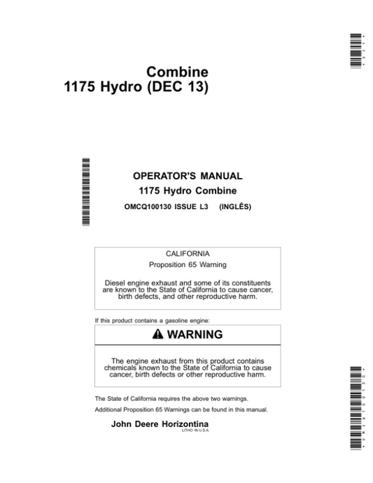John Deere Combine 1175 Hydro (DEC13) Operator’s Manual (OMCQ100130) Workshop Guide