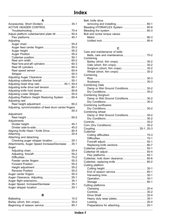 John Deere 625F, 630F, 635F (600 Series) Rigid, Flex Cutting Platforms (-140099) (South American Edition) Operator’s Manual (OMCQ100210) Workshop Guide