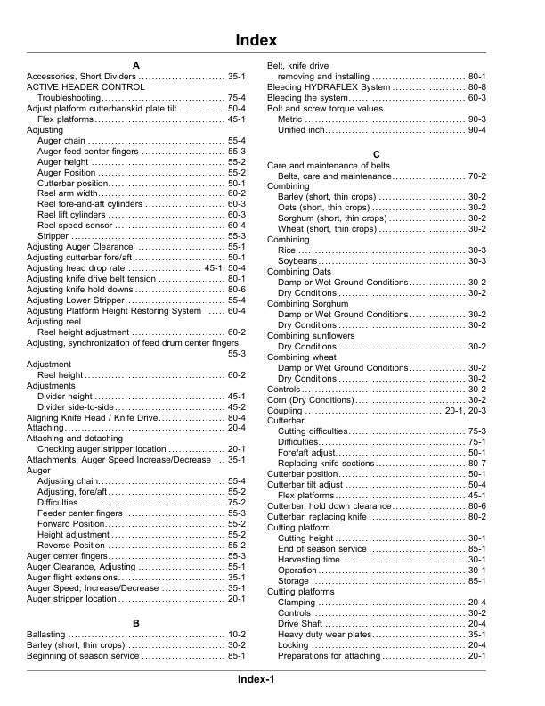 John Deere 625F, 630F, 635F (600 Series) Rigid, Flex Cutting Platforms (-140099) (South American Edition) Operator’s Manual (OMCQ100210) Workshop Guide