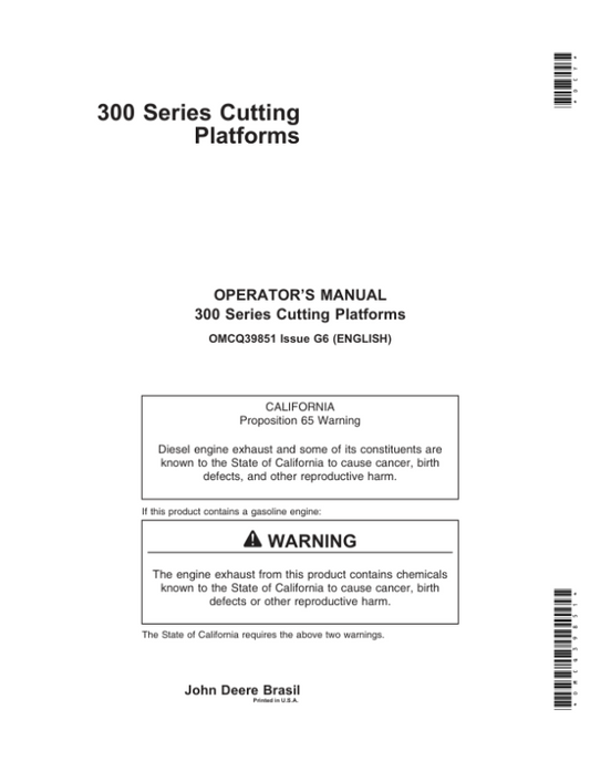 John Deere 312, 314, 316, 319, 323 Cutting Platforms Operator’s Manual (OMCQ39851) Workshop Guide