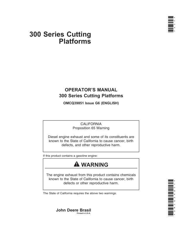 John Deere 312, 314, 316, 319, 323 Cutting Platforms Operator’s Manual (OMCQ39851) Workshop Guide