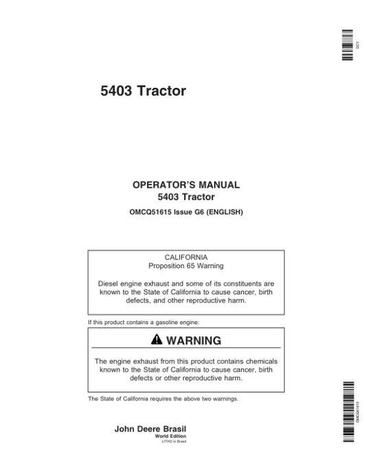 John Deere 5403 Tractor Operator’s Manual (OMCQ51615) Workshop Guide