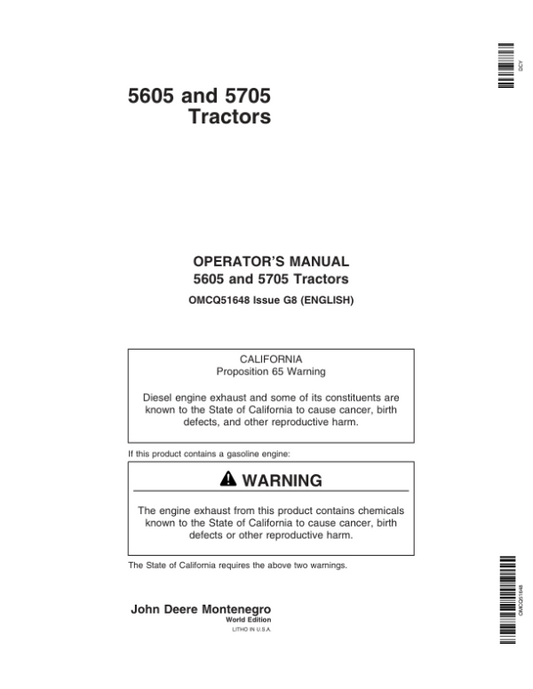 John Deere 5605, 5705 Tractor Operator’s Manual (OMCQ51648) Workshop Guide