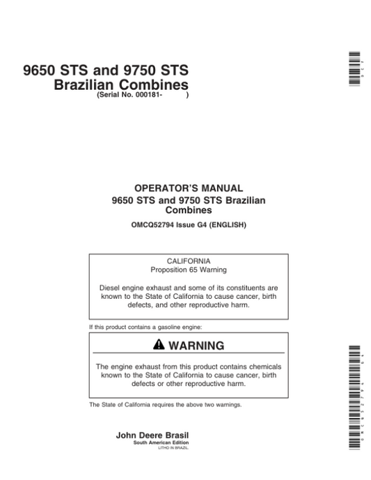 John Deere 9650 STS, 9750 STS Brazilian Combines(000181-) Operator’s Manual (OMCQ52794) Workshop Guide