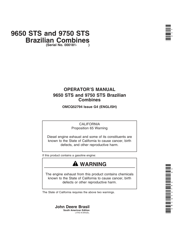 John Deere 9650 STS, 9750 STS Brazilian Combines(000181-) Operator’s Manual (OMCQ52794) Workshop Guide