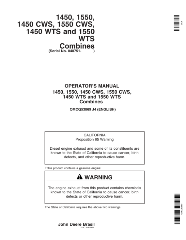 John Deere 1450, 1550, 1450CWS, 1550CWS, 1450WTS, 1550 WTS Combine Operator’s Manual (OMCQ53869) Workshop Guide