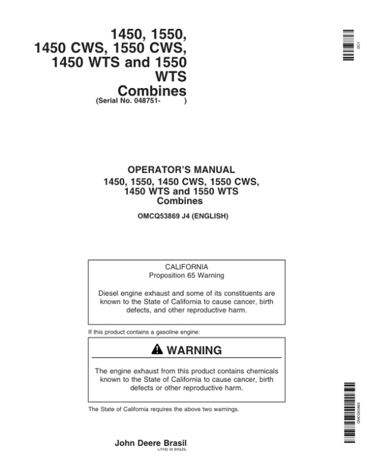 John Deere 1450, 1550, 1450CWS, 1550CWS, 1450WTS, 1550 WTS Combine Operator’s Manual (OMCQ53869) Workshop Guide