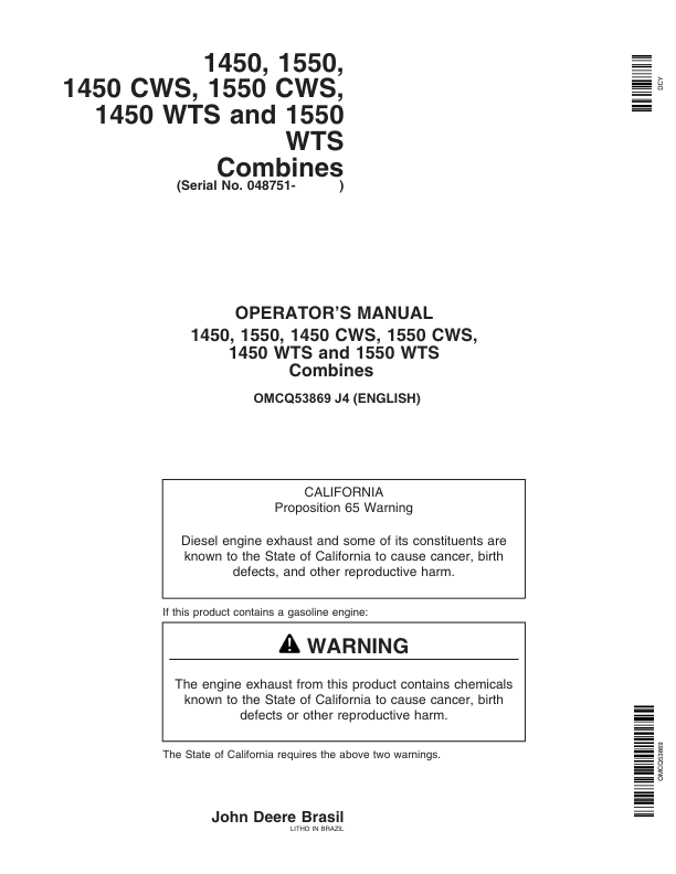 John Deere 1450, 1550, 1450CWS, 1550CWS, 1450WTS, 1550 WTS Combine Operator’s Manual (OMCQ53869) Workshop Guide