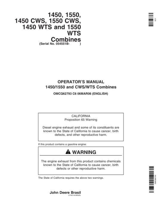 John Deere 1450, 1550, 1450 CWS, 1450 WTS, 1550 CWS, 1550 WTS Combines Operator’s Manual (OMCQ62793) Workshop Guide