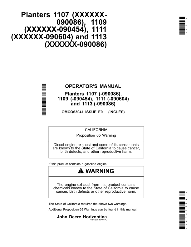John Deere 1107 (000001-090086), 1109 (000001-090454), 1111 (000001-090604), 1113 (000001-090086) Planters Operator’s Manual (OMCQ63041) Workshop Guide