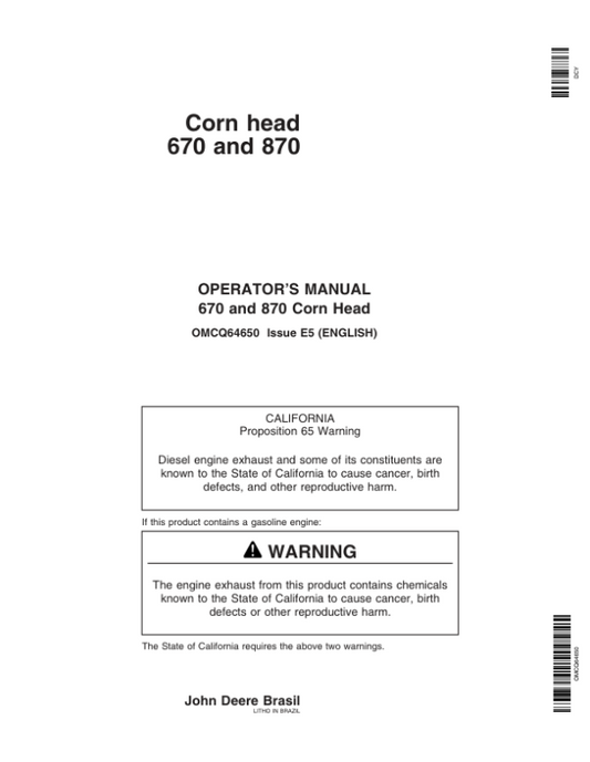 John Deere 670, 870 Corn Head Operator’s Manual (OMCQ64650) Workshop Guide