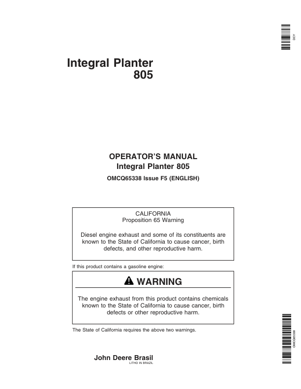 John Deere 805 Integral Planter Operator’s Manual (OMCQ65338) Workshop Guide