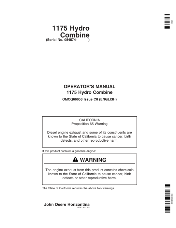 John Deere 1175 Hydro Combine (054574 – 091543) Operator’s Manual (OMCQ66653) Workshop Guide